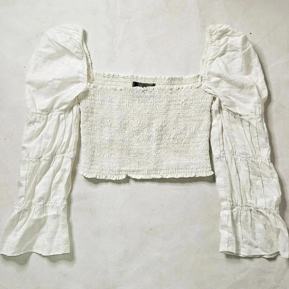 Reformation Gala Top Boho Cropped Lenin Blend Oat  White Sz Small - Picture 7 of 9